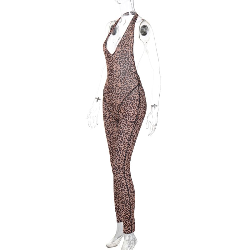 Ragom - Halter V-hals plunge luipaardprint open rug skinny jumpsuit