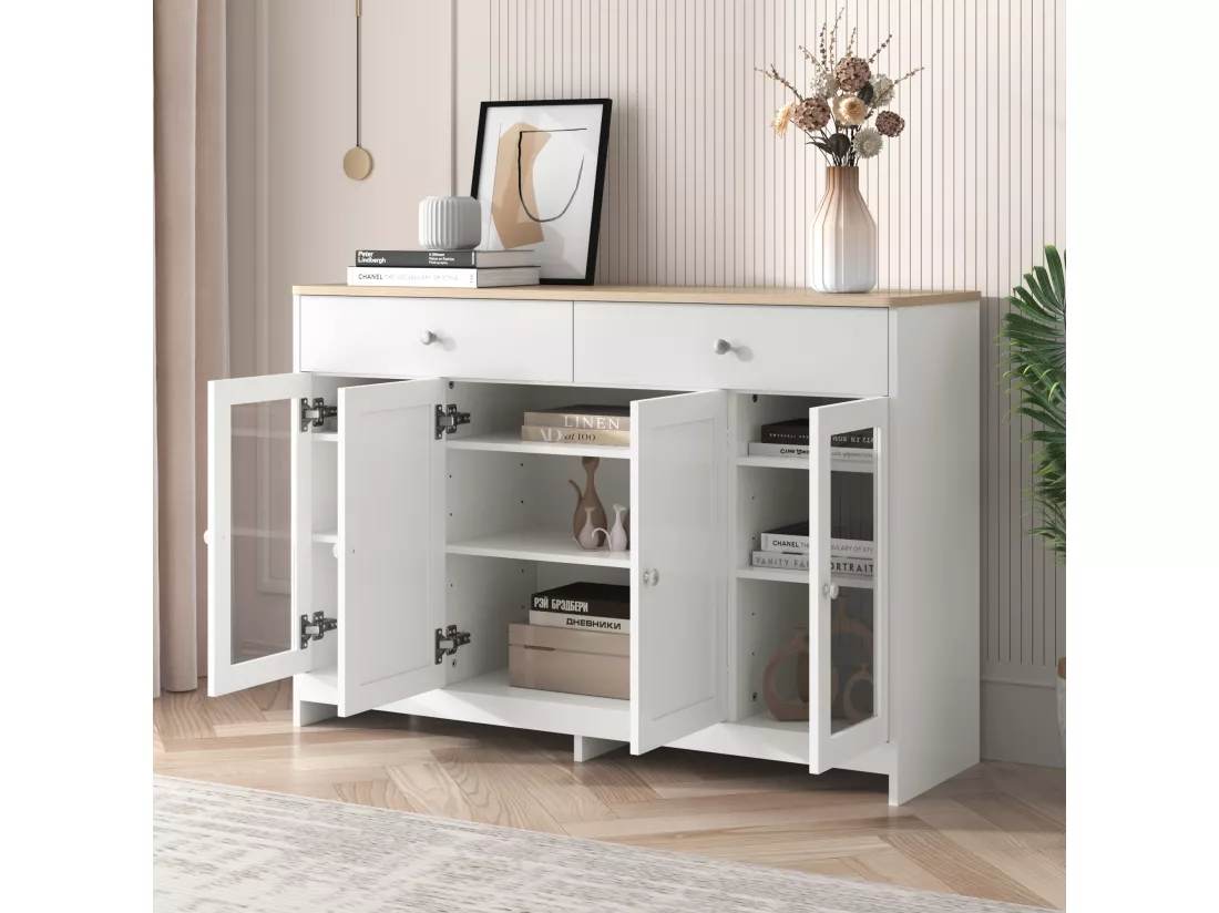 Buffet en bois avec finition blanche, 4 portes, 2 tiroirs et porte