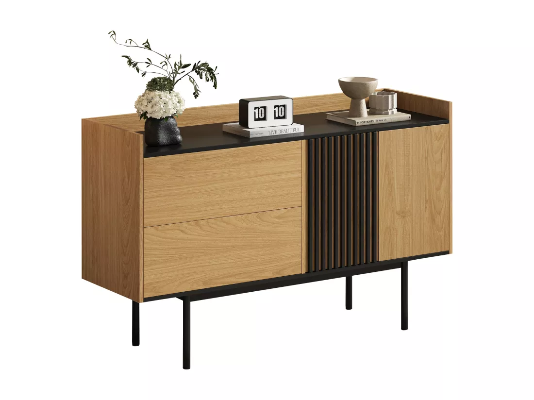 Buffet bas avec 2 tiroirs et 2 portes - 130 x 40 x 80.5 cm - étagère réglable - Bois MDF - Naturel + noir