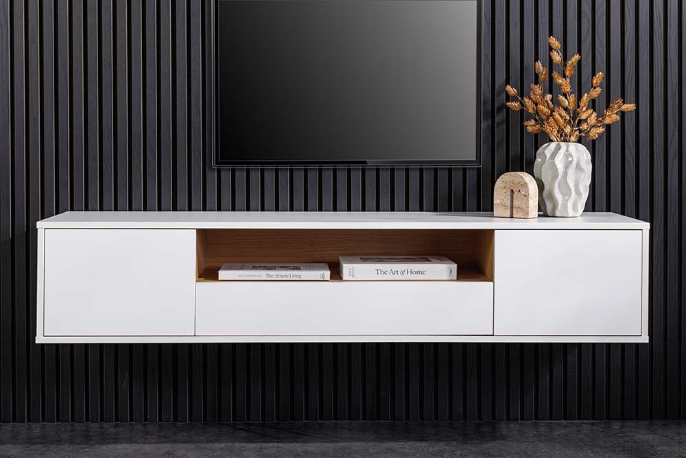 Hängendes TV-Board LOFT 150cm weiß natur fünf Fächer mit Schublade