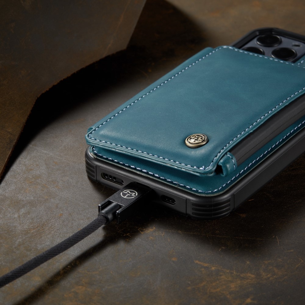 iPhone 12 / iPhone 12 Pro Leder Schutzhülle mit Münzbeutel   3 Kartenfächern - Blau / Grün