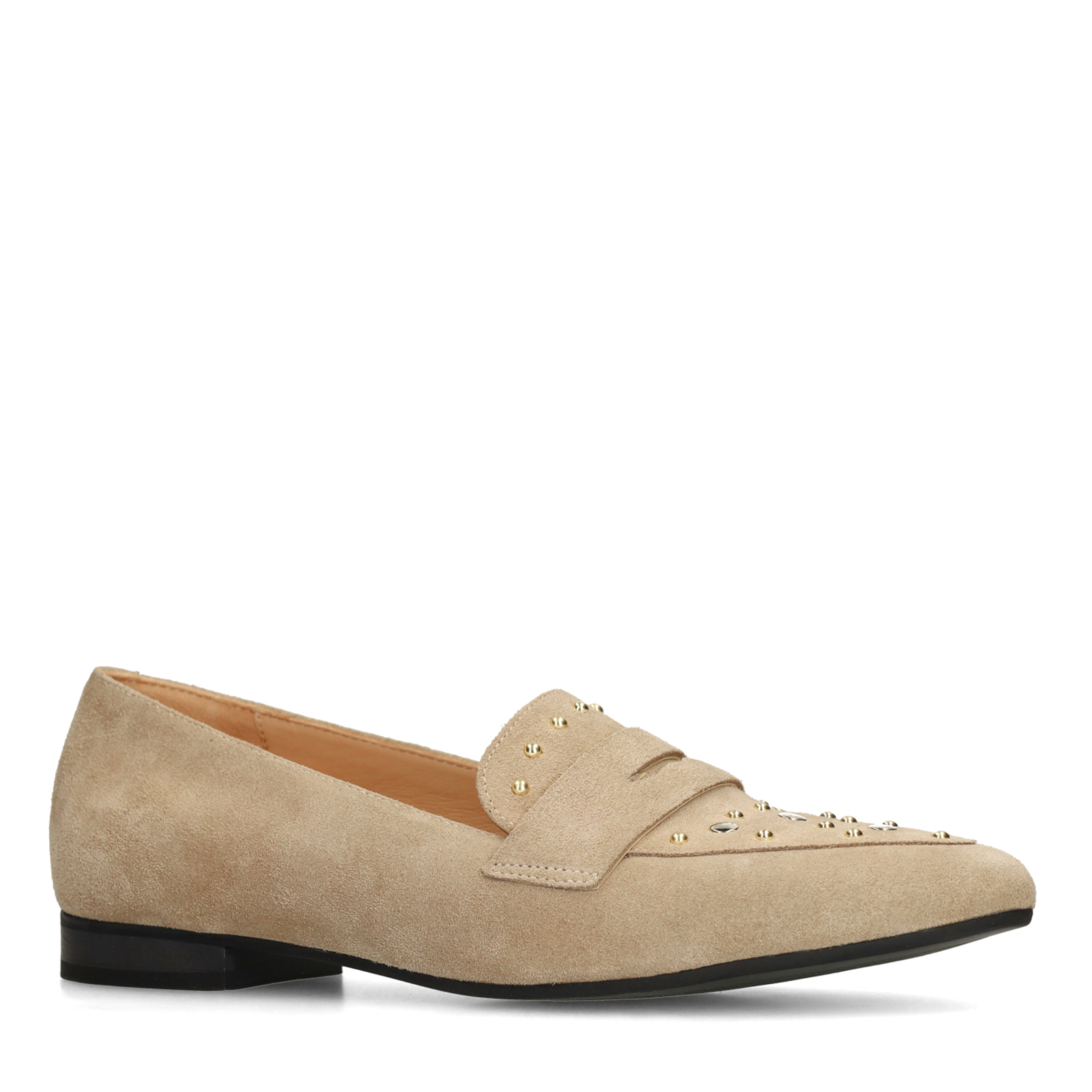Beige suède loafers met gouden studs
