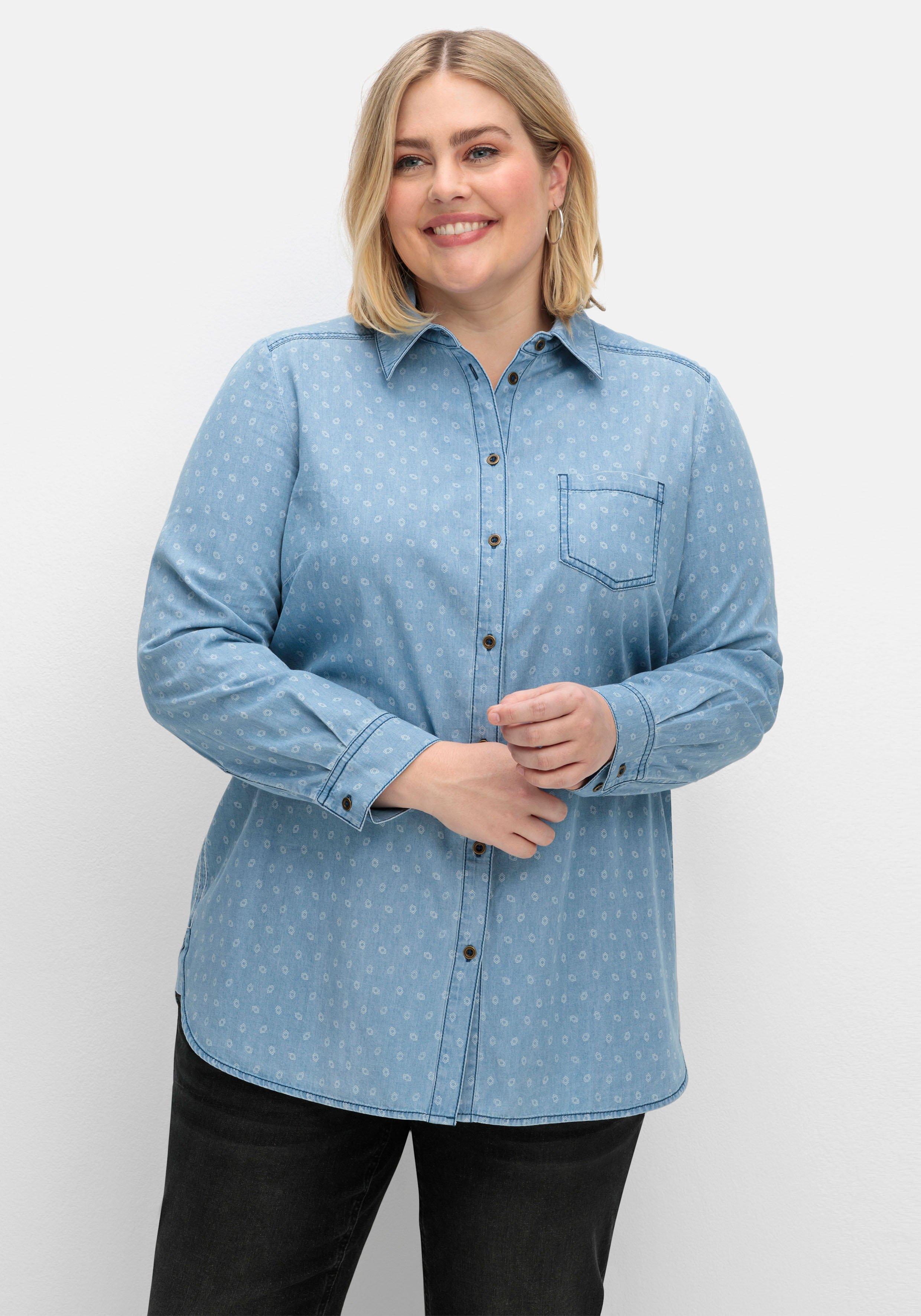 Jeansbluse mit Brusttasche und grafischem Print