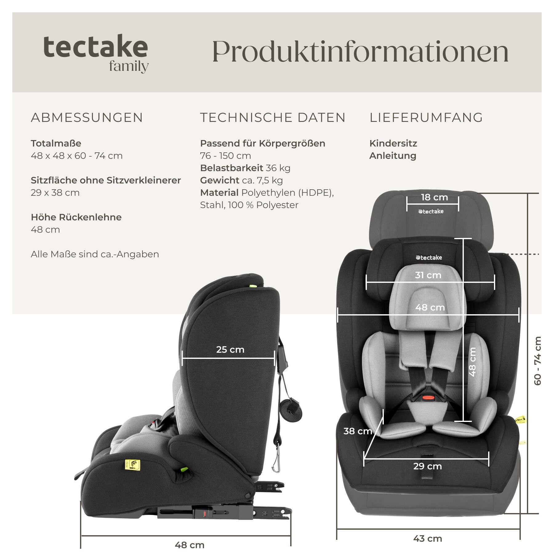 tectake® Autositz, i-Size Zulassung, ISOFIX-Installation und Top Tether, mit Seitenaufprallschutz, längenverstellbarer 5-Punkt-Gurt, 8-fach höhenverstellbare Kopfstütze, ab 15 Monaten von 76 bis 150 cm, Belastbarkeit 36 kg