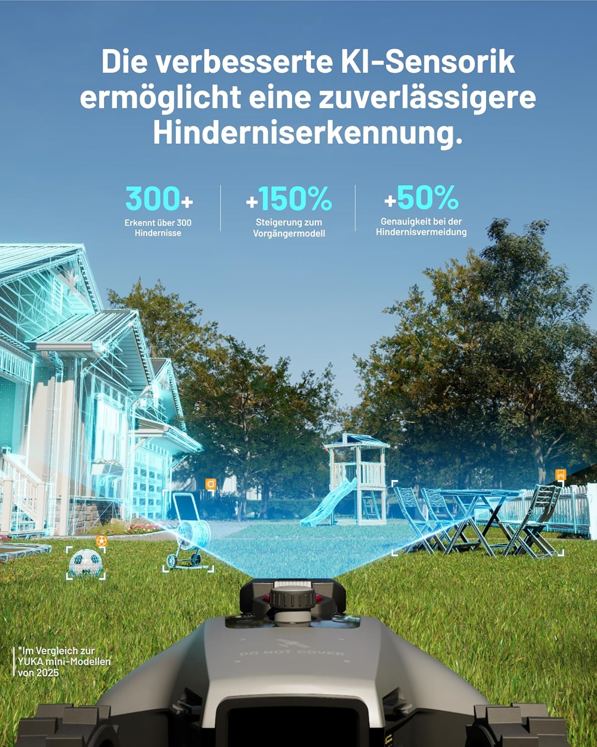 MAMMOTION YUKA mini 2 500 Mähroboter ohne Begrenzungskabel, Empf. 500 m², AI-gestützte DREI-Kamera-Bildverarbeitung Rasenmäher Roboter, Auto-Mehrzonen-Kartierung, DropMow, Manuelle Kartenbearbeitung