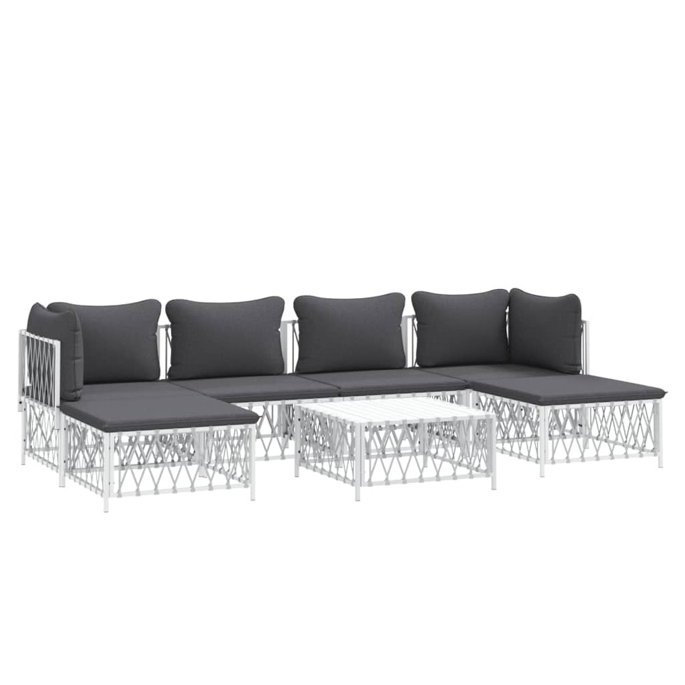 Salon de jardin meuble d'extérieur ensemble de mobilier 7 pièces avec coussins blanc acier