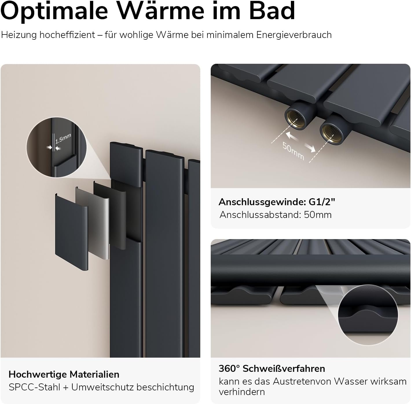 EMKE Design Heizkörper Flach, 1600x460 mm Vertikal Flachheizkörper mit Mittelanschluss, Einlagig Paneelheizkörper Wandheizkörper für Bad, Schlafzimmer & Wohnzimmer, Anthrazit 210W