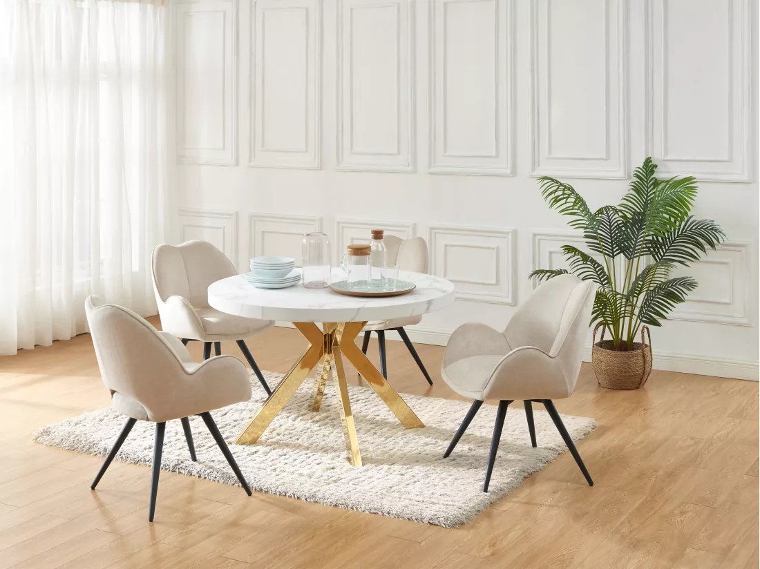 Table à manger extensible 4 à 8 personnes en MDF et acier - Effet marbre blanc et Doré - KOMONI
