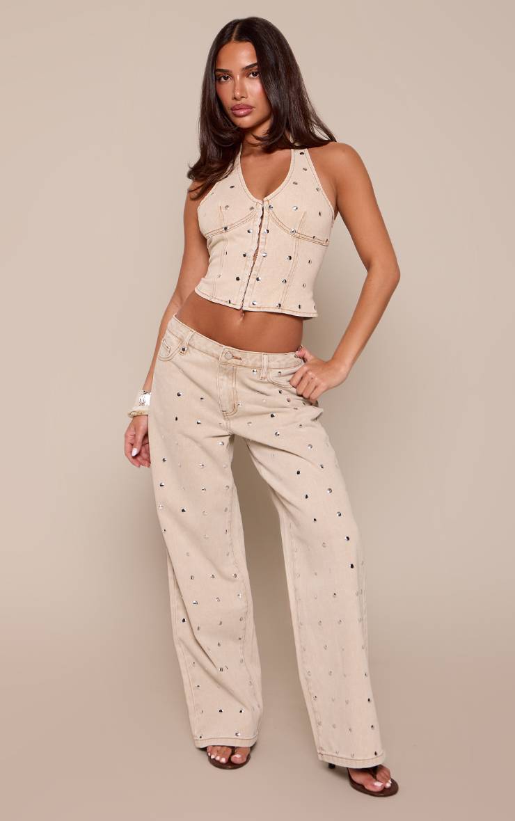 Gris Pierre Top En Denim Col Licou Avec Détails Cloutés Petite