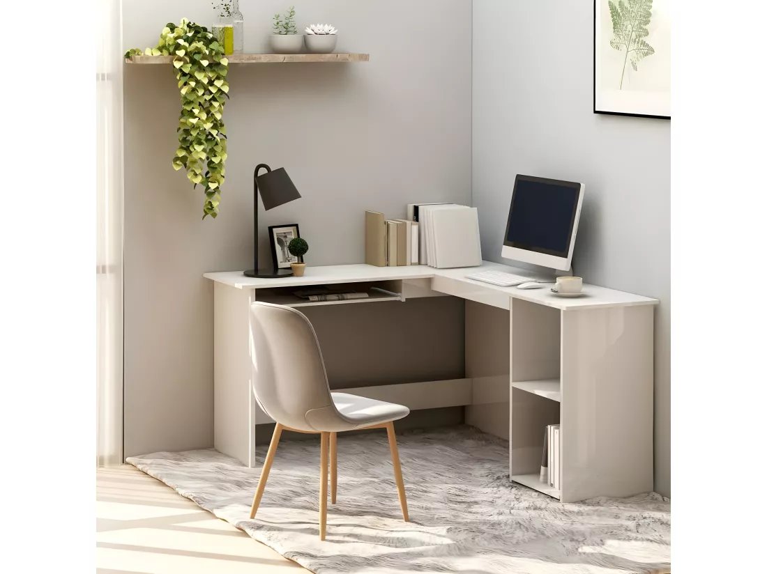 Bureau d'angle forme de L Blanc brillant 120x140x75cm Aggloméré