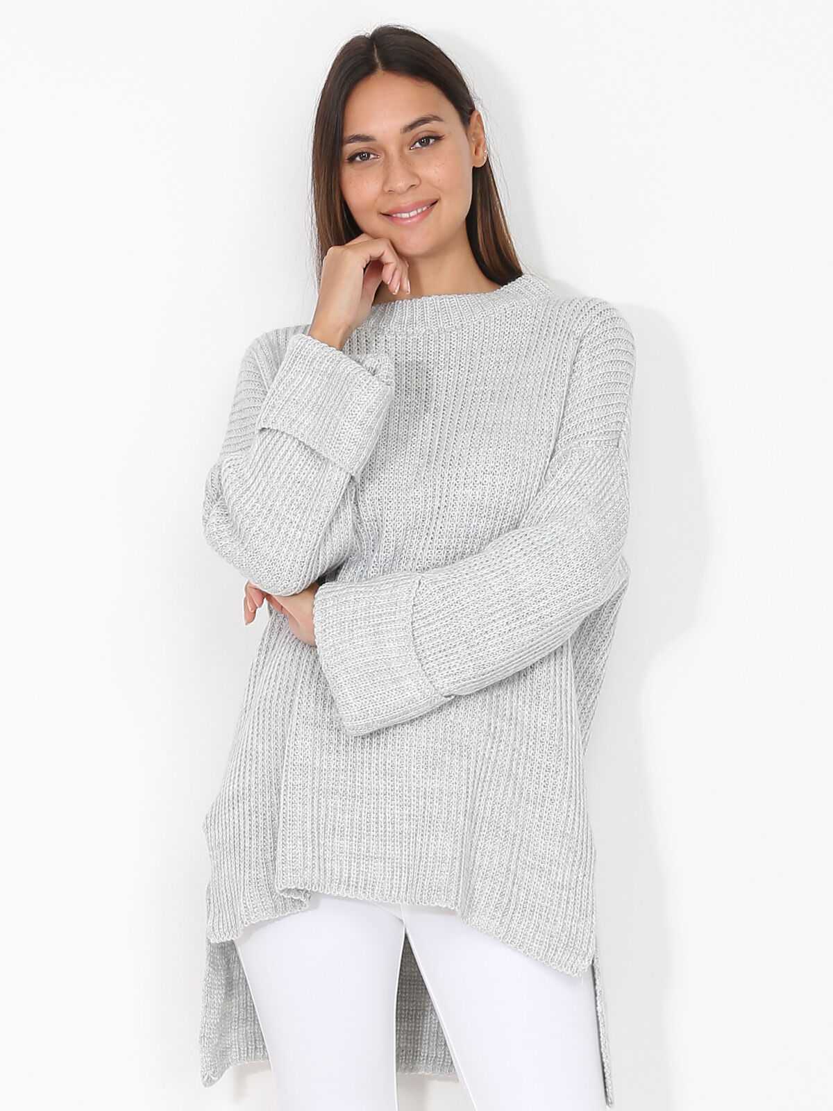 Pull asymétrique à manches évasées- Gris clair
