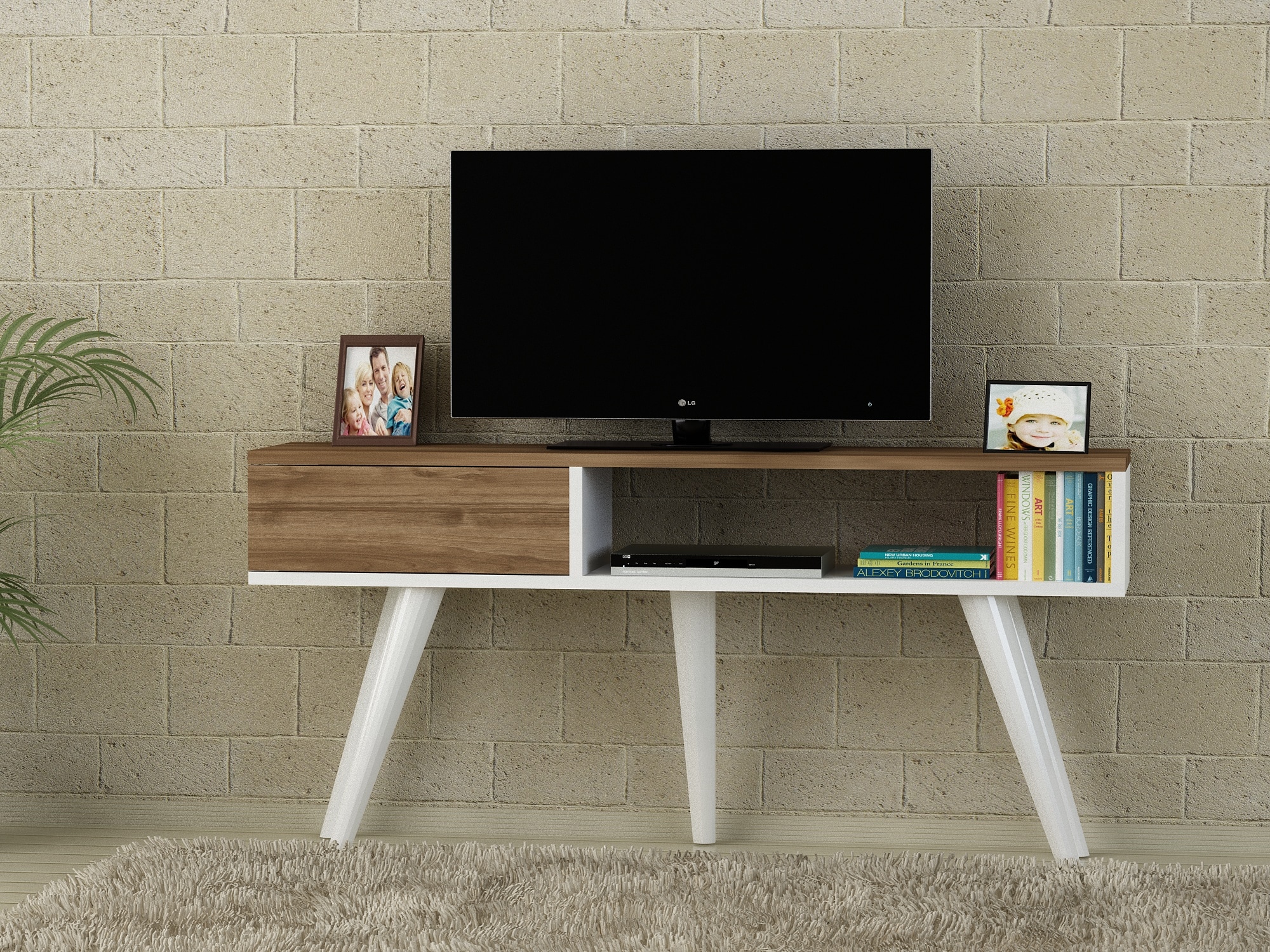 TV Lowboard Eylül Weiß Walnuss