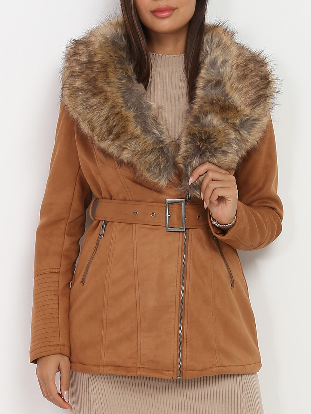 Manteau suédine à fausse fourrure- Camel