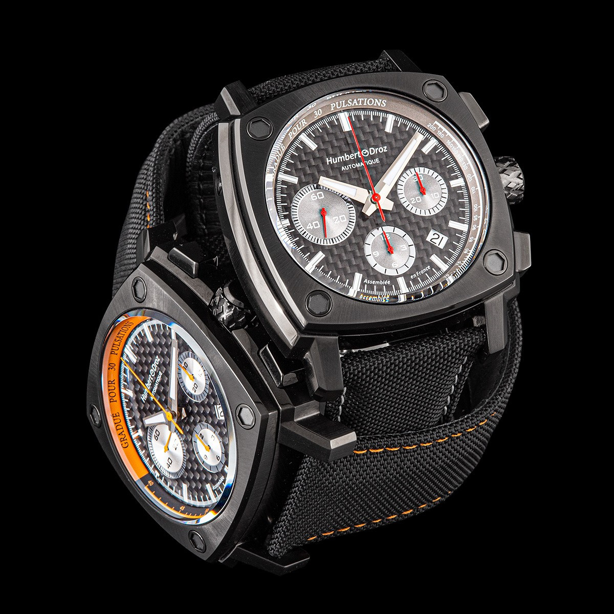 Montre HUMBERT-DROZ hd7 homme chronographe, bracelet cuir noir