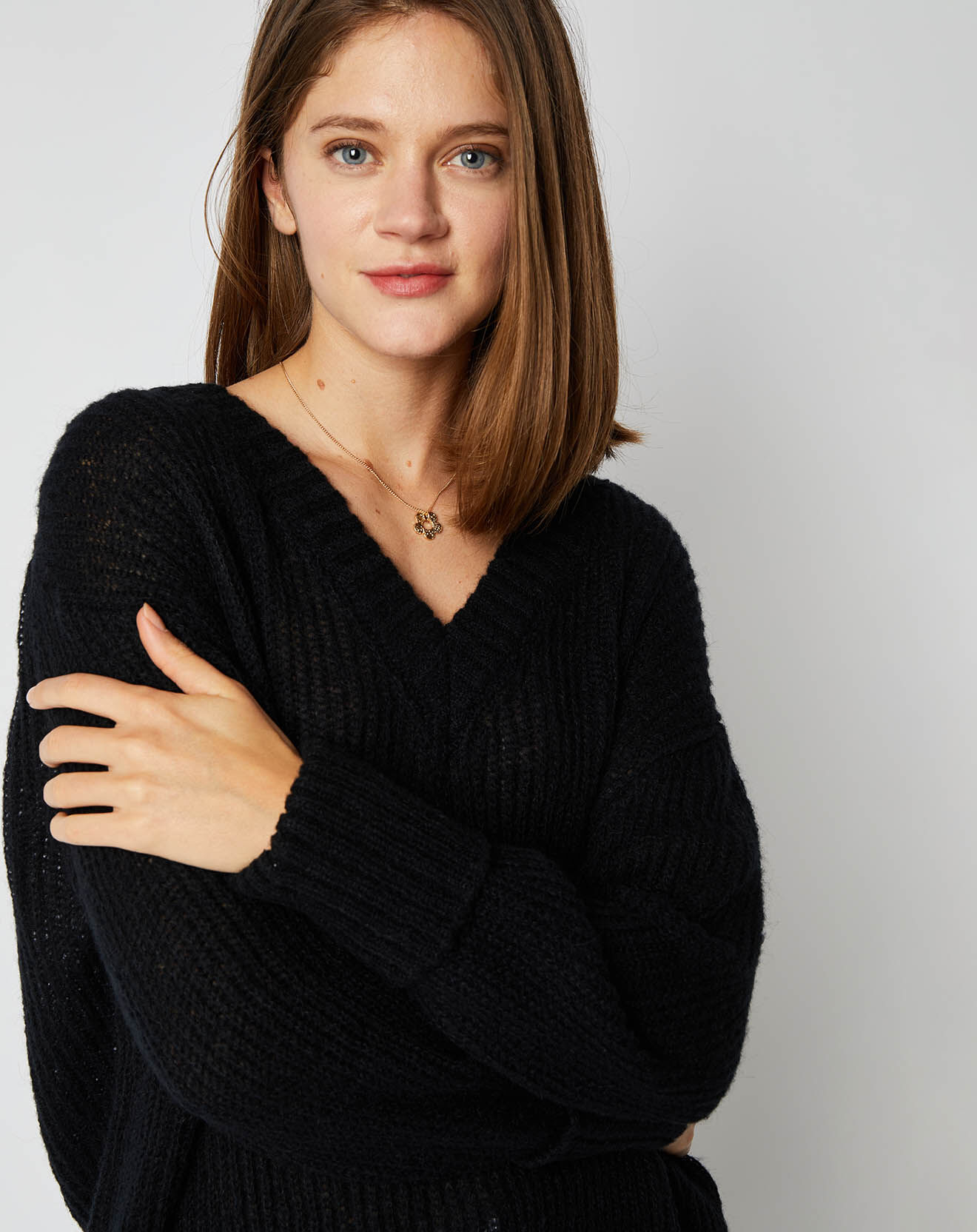 An'ge Pull en Maille mélangée Leena Col V noir
