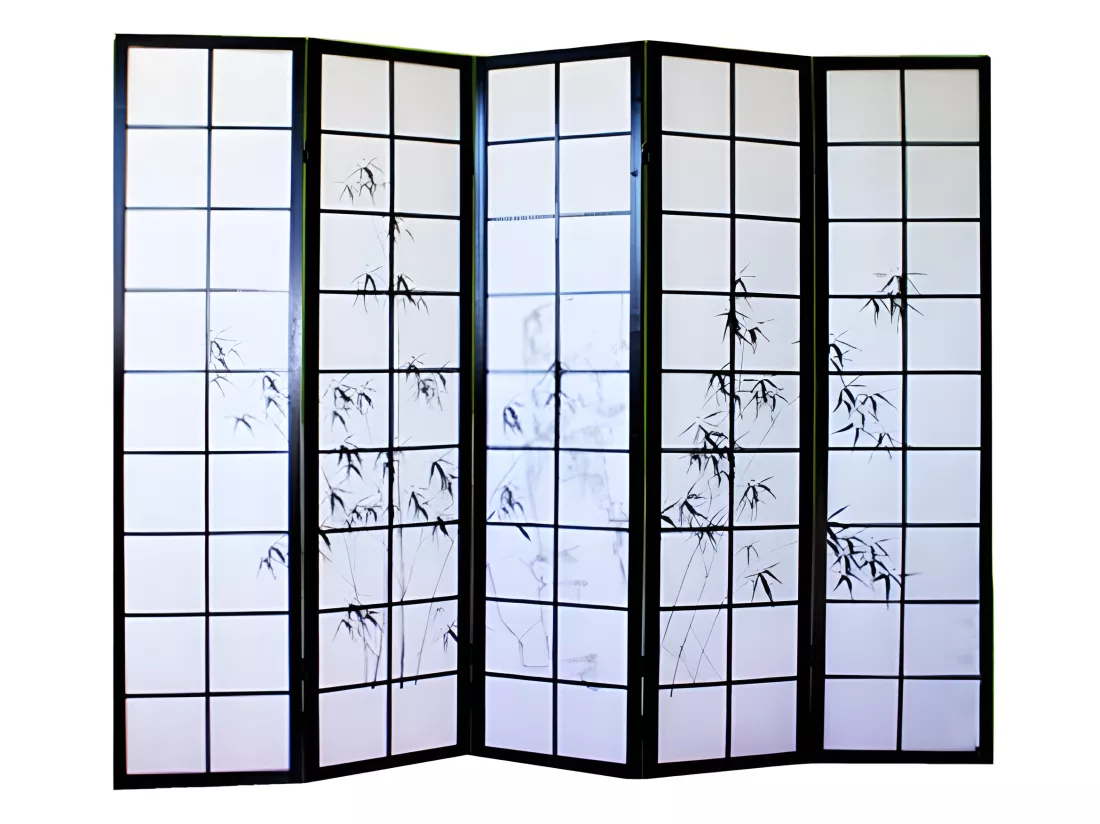 Paravent japonais en bois noir dessin bambou de 5 pans