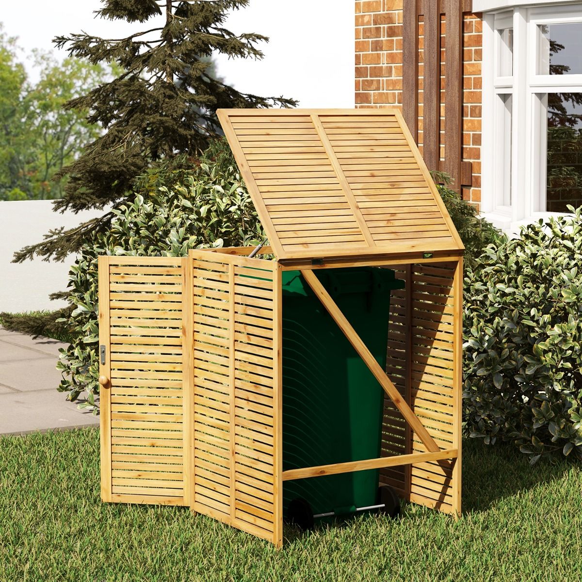 Abri à Poubelle en Bois de 120 L Abri pour Outils d'Extérieur avec Couvercle Ouvrable Doubles Portes Loquet de Verrouillage Naturel - Lidl-Manfred