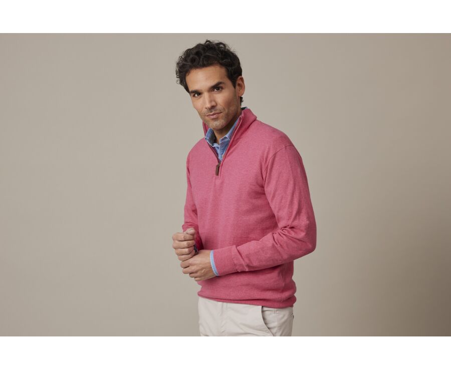 Pull fin homme coton bio/cachemire col zippé Framboise Chiné - VLAD