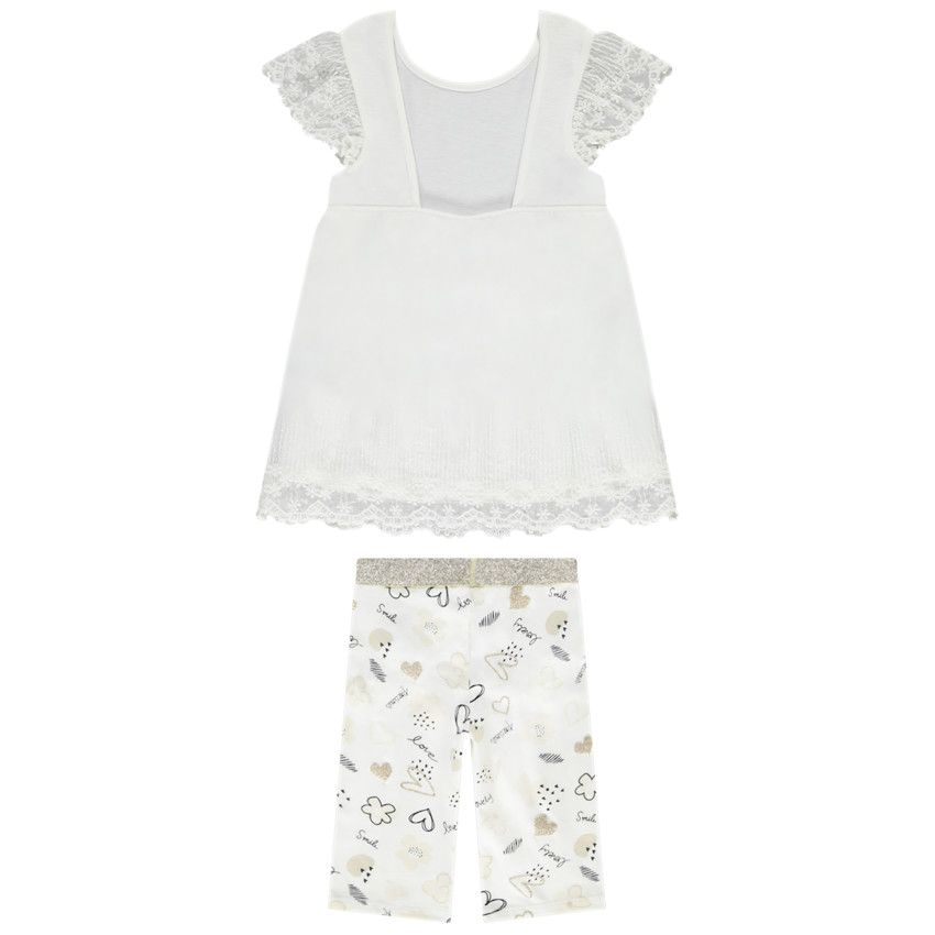 Ensemble 2 pièces tunique brodée + cycliste imprimé pour fille - Ecru