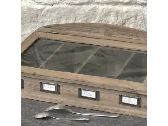 Boîte à couvert rangement couverts vitrée cuisine bois marron 45cm