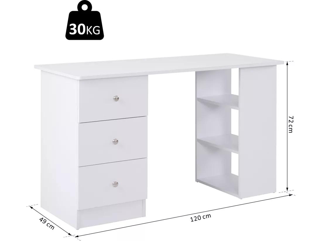 Bureau informatique multimédia multi-rangements 3 tiroirs 2 étagères 120L x 49l x 72H cm blanc