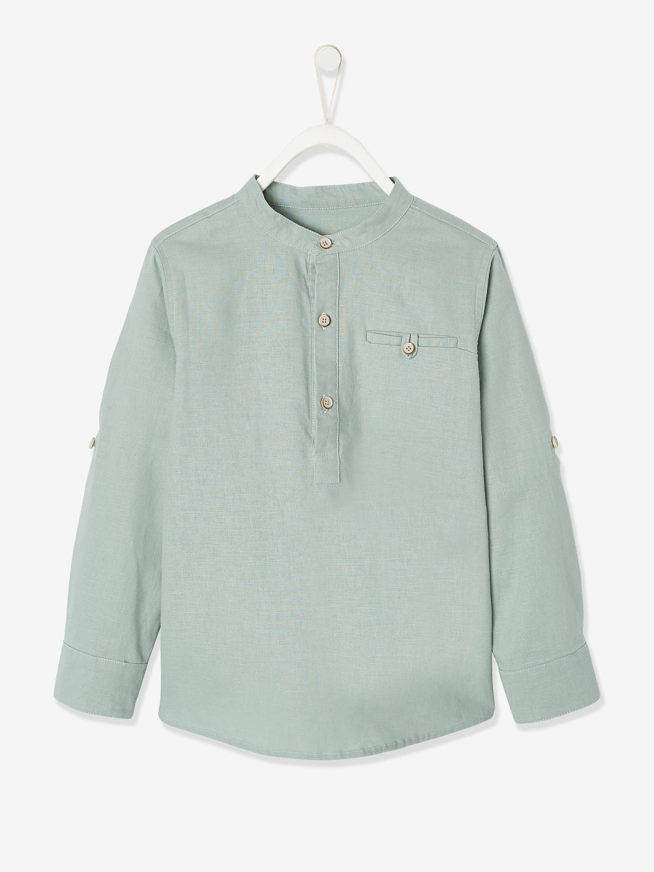 Camisa infantil de linho/algodão com gola mandarim, mangas compridas, cor azul-marinho lisa.