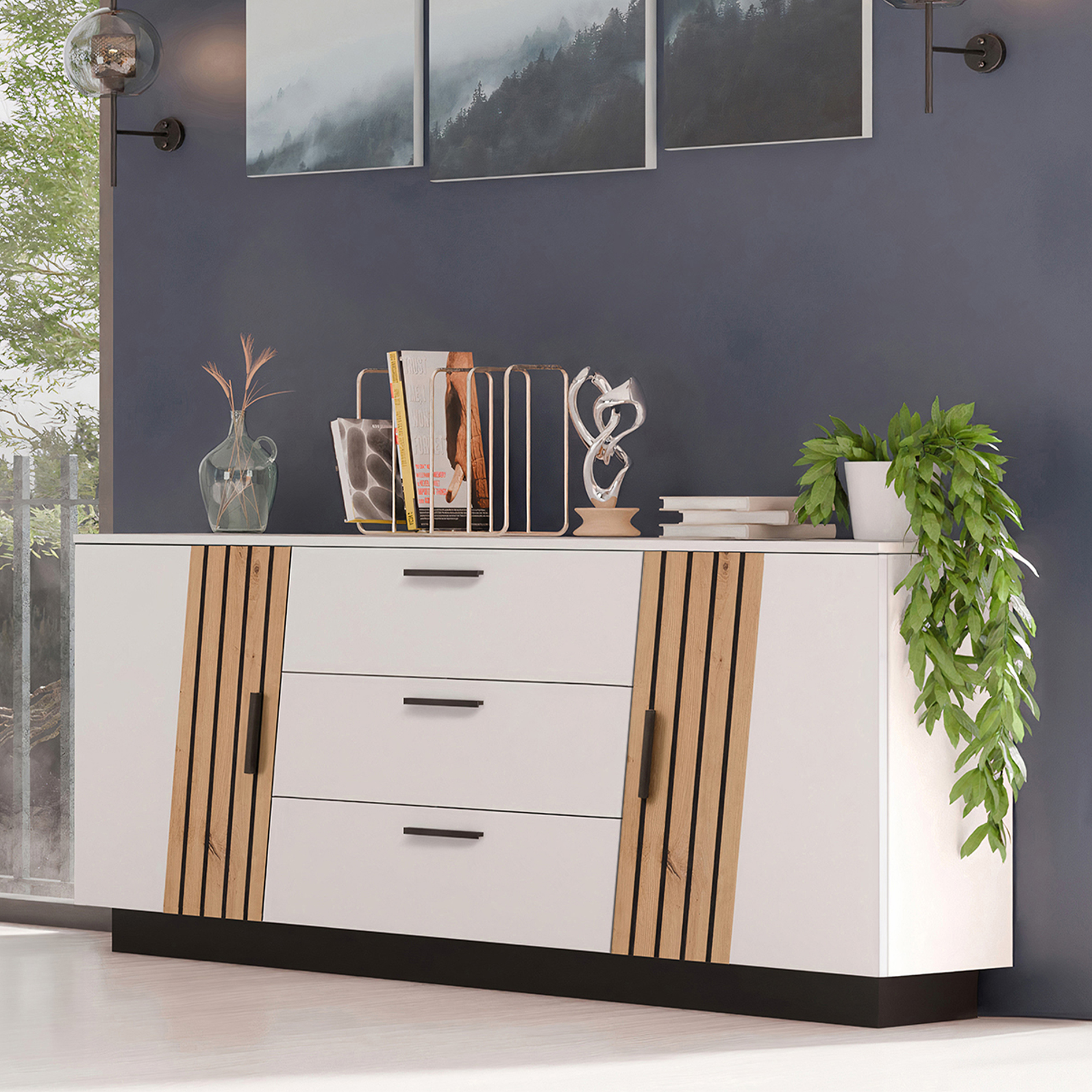 Sideboard LINDA - weiß - Artisan Eiche - 160 cm