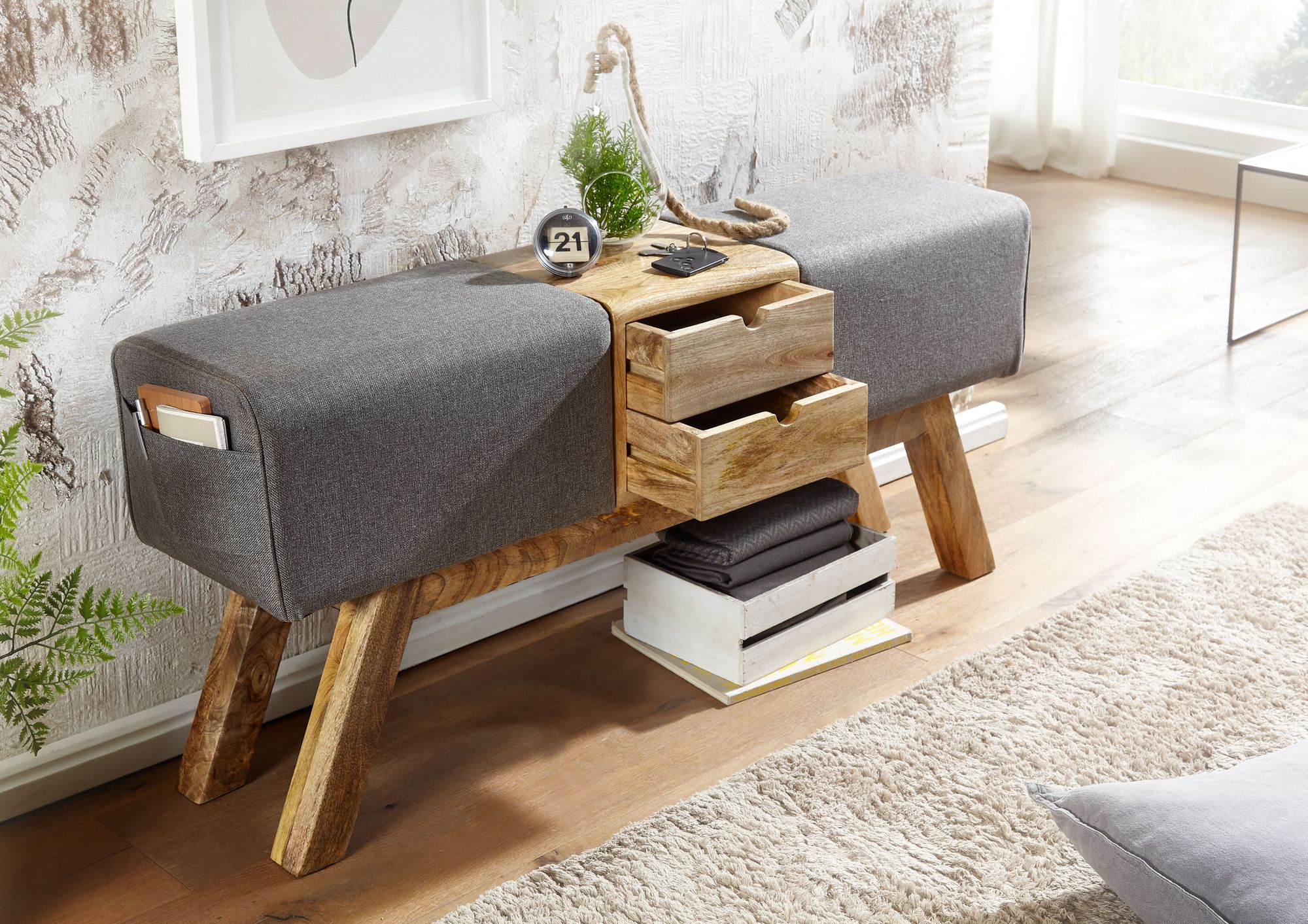 KADIMA DESIGN Retro-Sitzbank mit Schubladen: Massivholz, Stoffbezug, 120x56x30 cm, 2 Schubladen, Seitentasche.