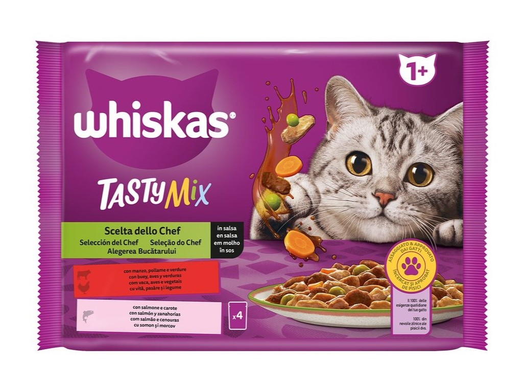 COMIDA HÚMIDA PARA GATO WHISKAS TASTY MIX CHEF 4X85G