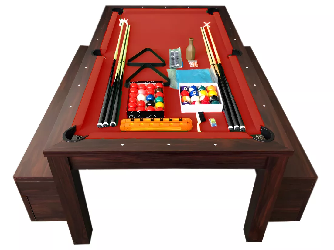 Table de Billard rouge 7 Pieds convertible avec banquettes – Etna
