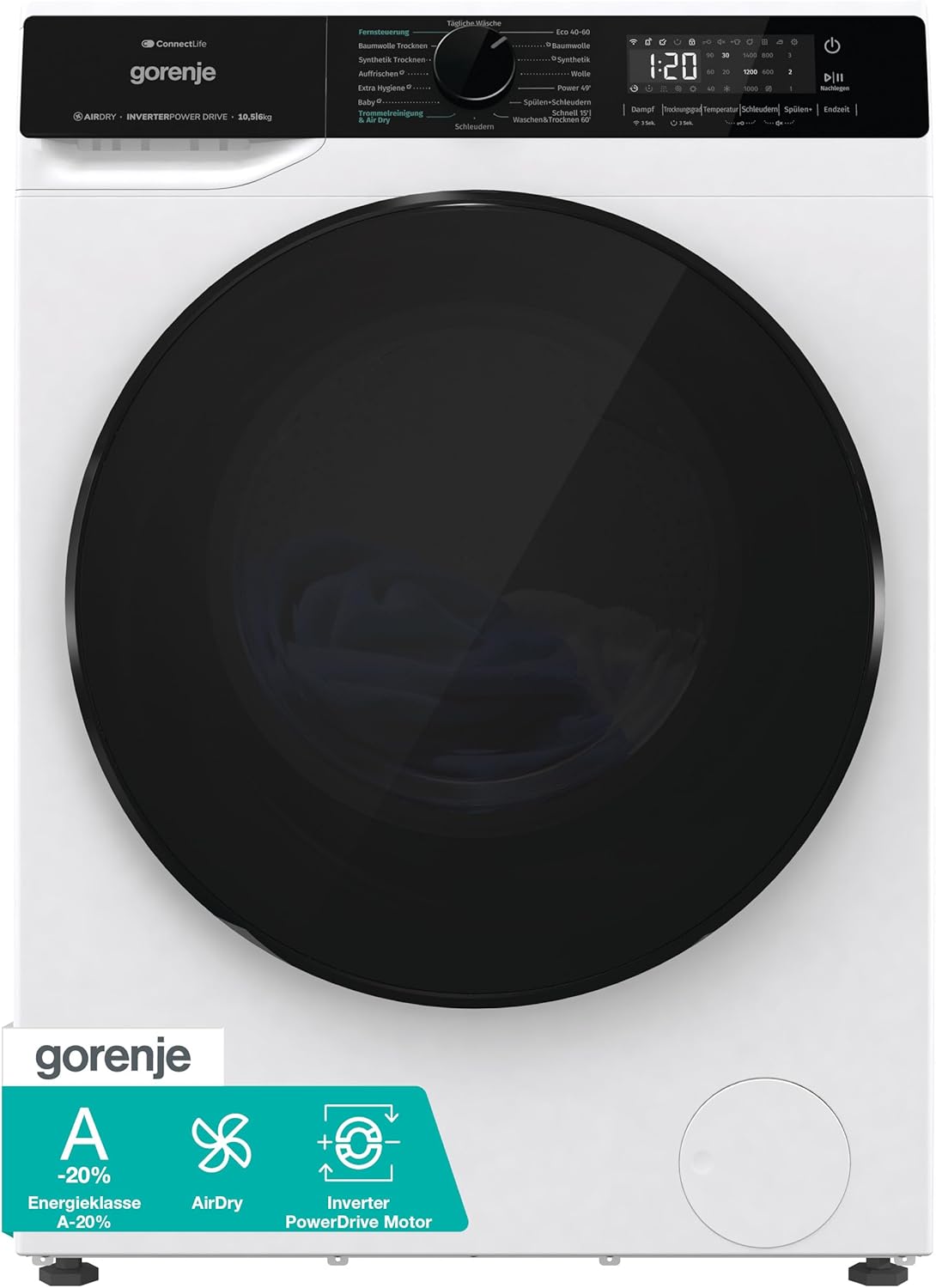 Gorenje WD2PA1X64ADW, DE Waschtrockner, Connect Life, 16 Programme, 10,5 KG, 54 Liter, 1400 U, min, Total AquaStop, AirDry, Inverter PowerDrive Motor, AllergySteam, Wash&Dry 60', A-20%