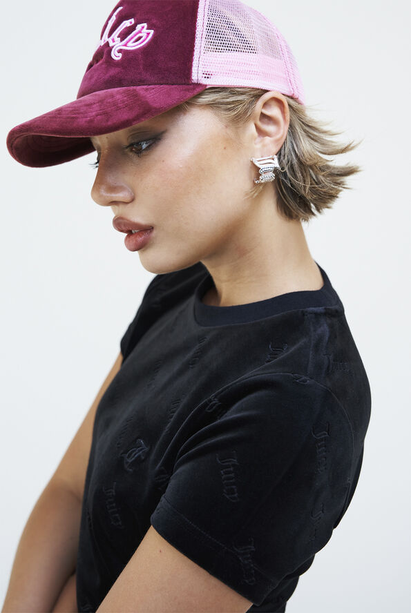 Juicy Couture BUZENVAL RAISED EMBROIDERY VELOUR TRUCKER HAT TAWNY PORT Tawny port