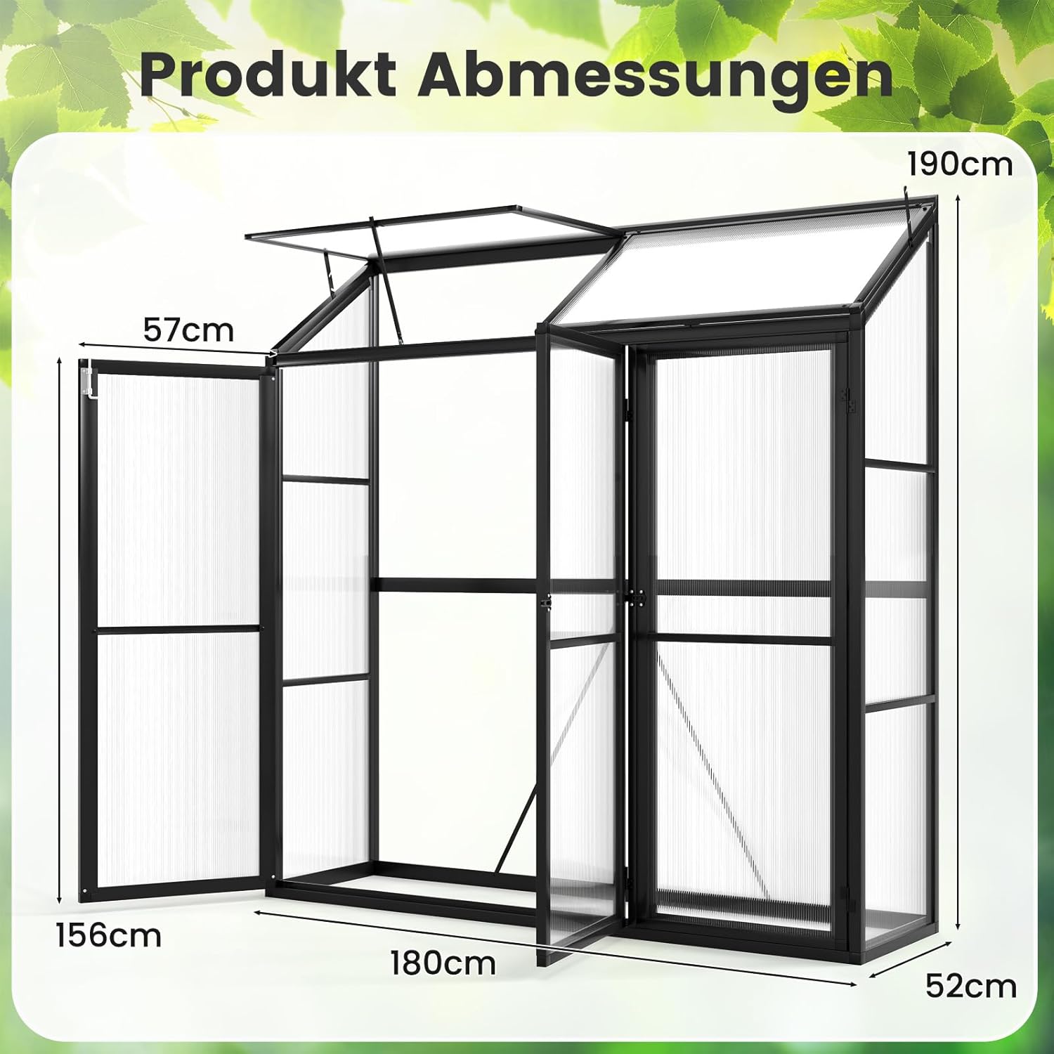 COSTWAY Gewächshaus, Anlehngewächshaus Tomaten, Treibhaus mit Oberlicht & 3 verschließbaren Türen, Aluminium, Beistell Tomatengewächshaus, Gartenhaus Pflanzenhaus groß, Schwarz, 180 x 52 x 190 cm