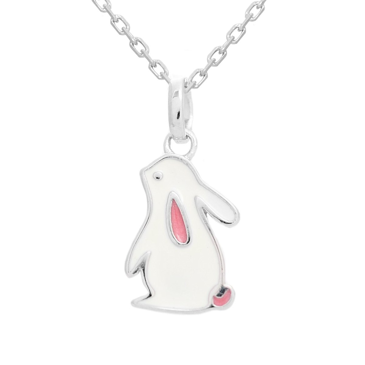 Collier lapin émail blanc et rose Argent 925 Rhodié