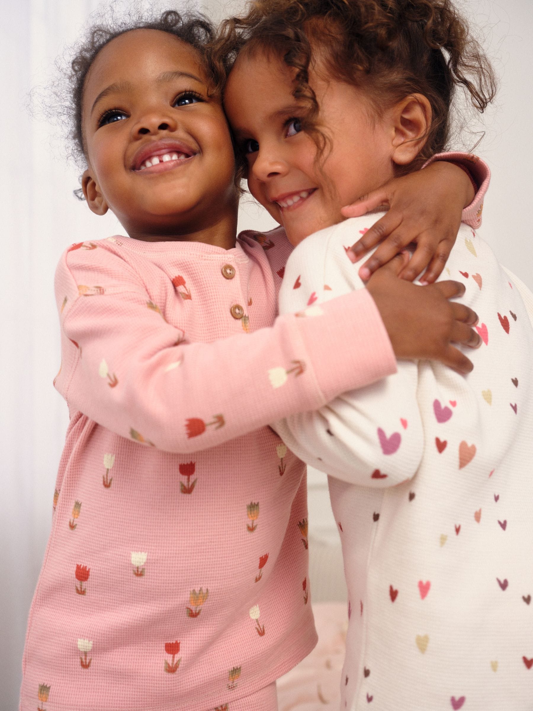 Ecru/Roze Harten - Set van 2 wafelpyjama's (9mnd-12jr)