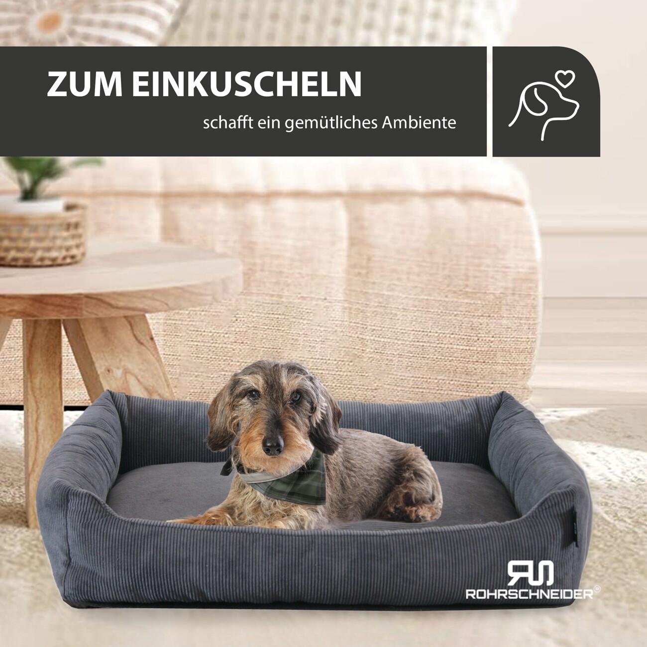 Rohrschneider Hundebett mit Gratis-Beigabe, waschbar, robuster Fein-Cordstoff anthrazit