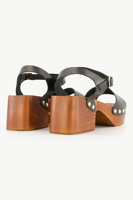 Leder-Clog-Sandaletten, Nieten, Holzsohle, Blockabsatz