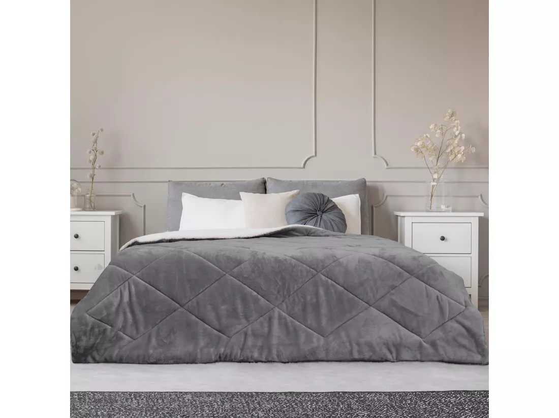 Couvre lit flanelle et sherpa 220x240 cm collection BERGEN gris