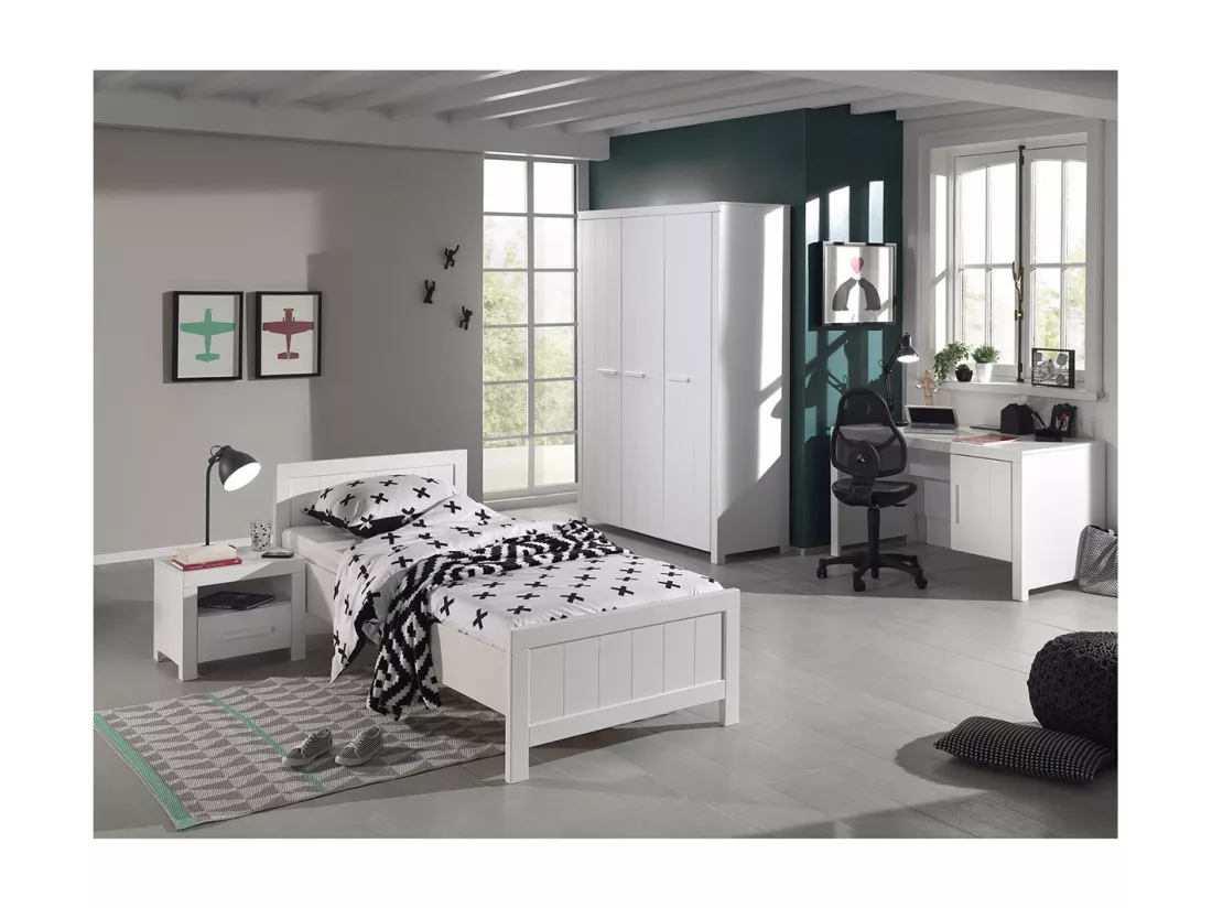 GASTON - Lit 90x200cm + Chevet + Armoire 3 Portes + Bureau