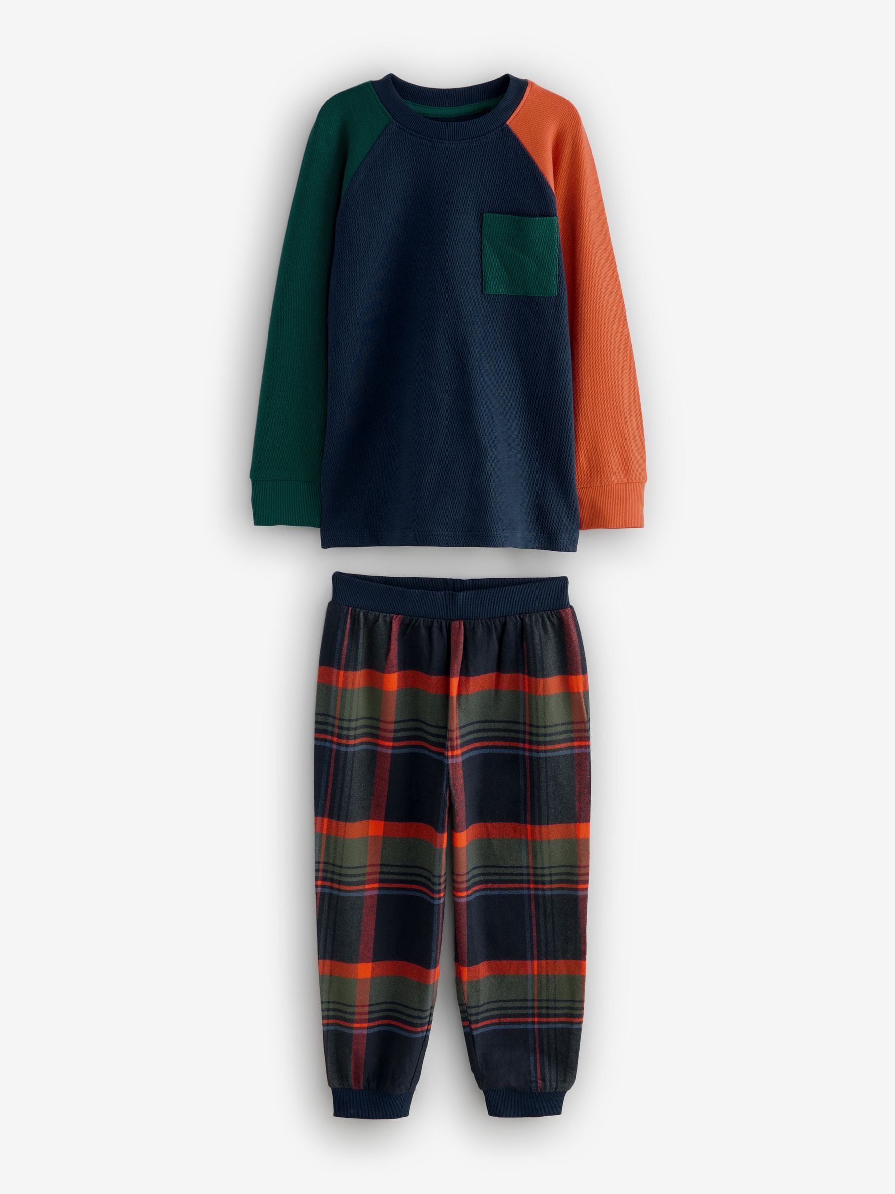 Groen/oranje - Set van 2 geweven geruite pyjama's met lange mouwen (3-16jr)