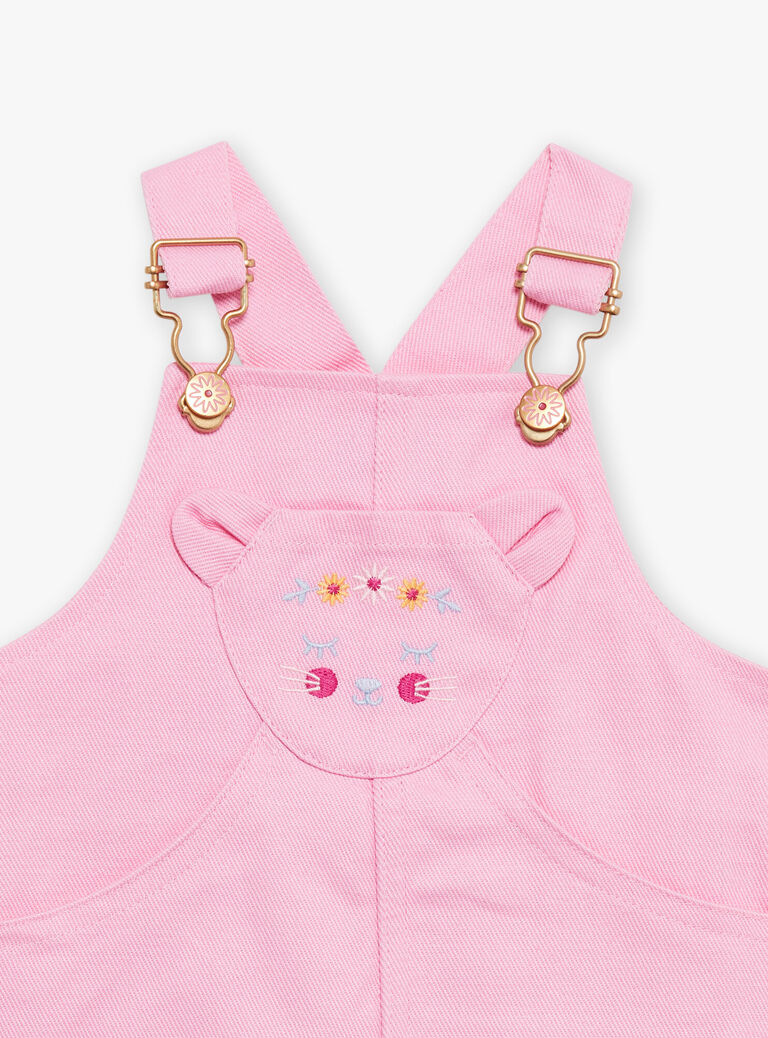 Salopette rose en twill à poche brodée oreilles de chat 3D