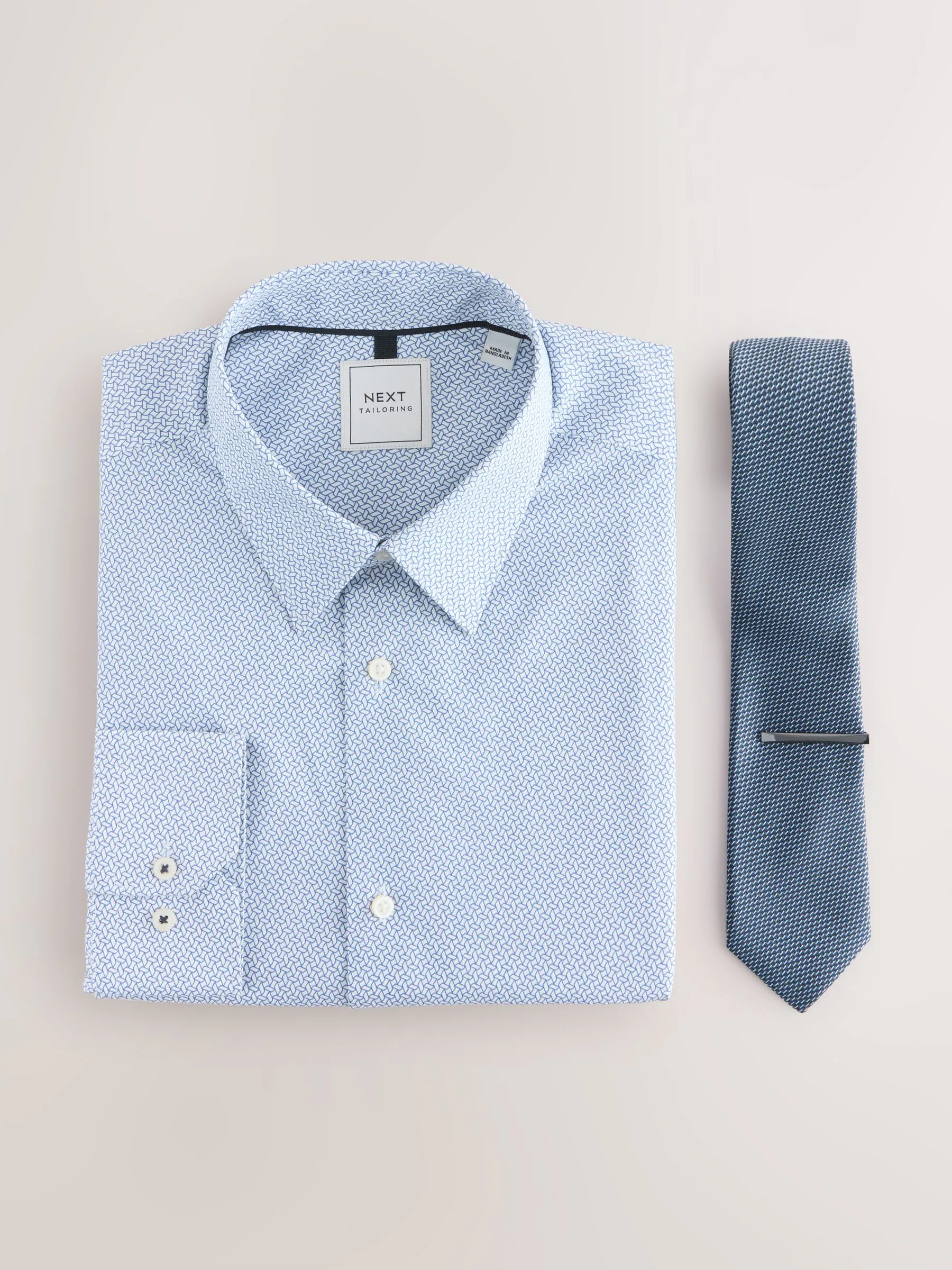 Marineblauw - Normale Pasvorm - Katoen Blend smart overhemd, Stropdas en Pochet Set