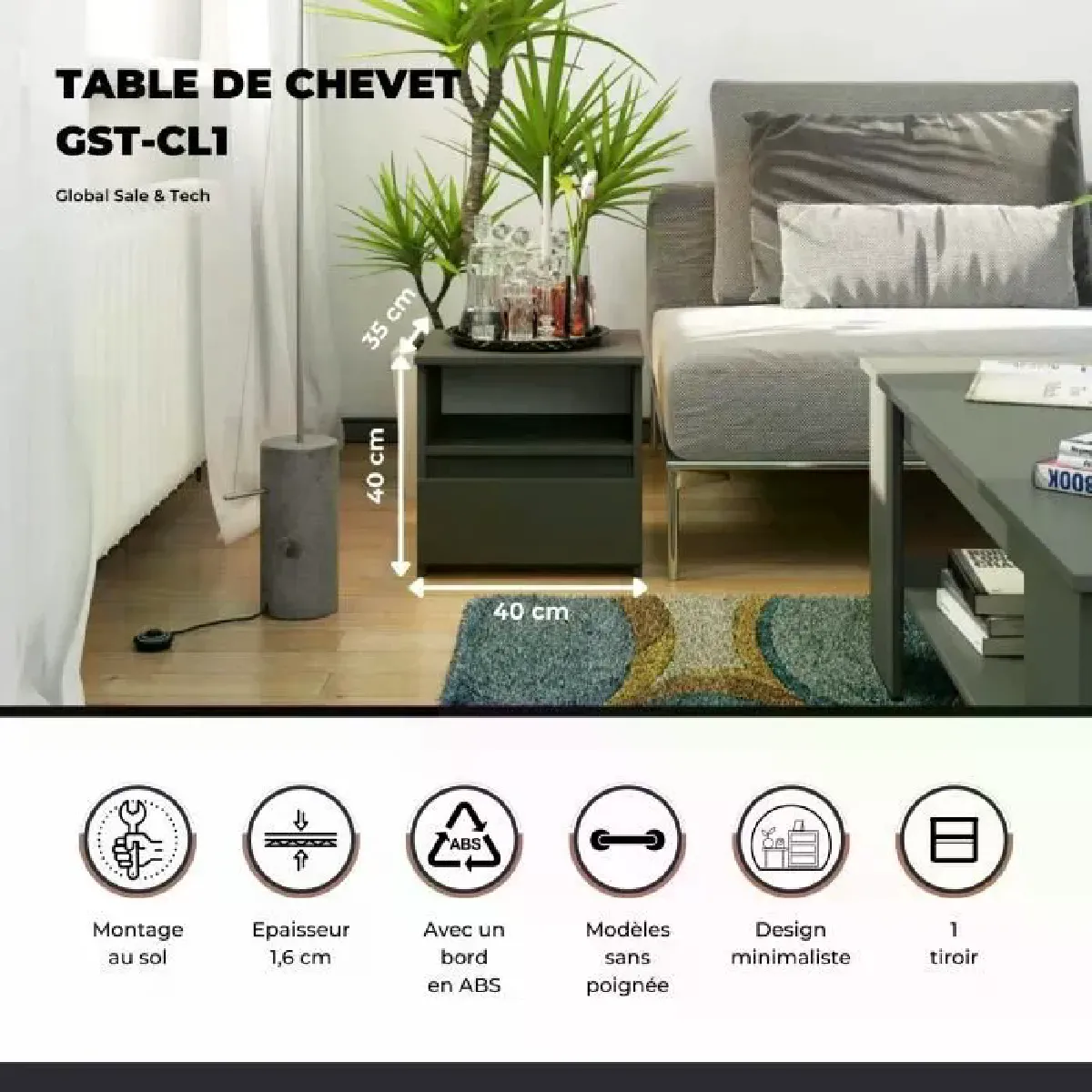 Other Brands Table de Nuit GST-CL1 - Gris Graphite