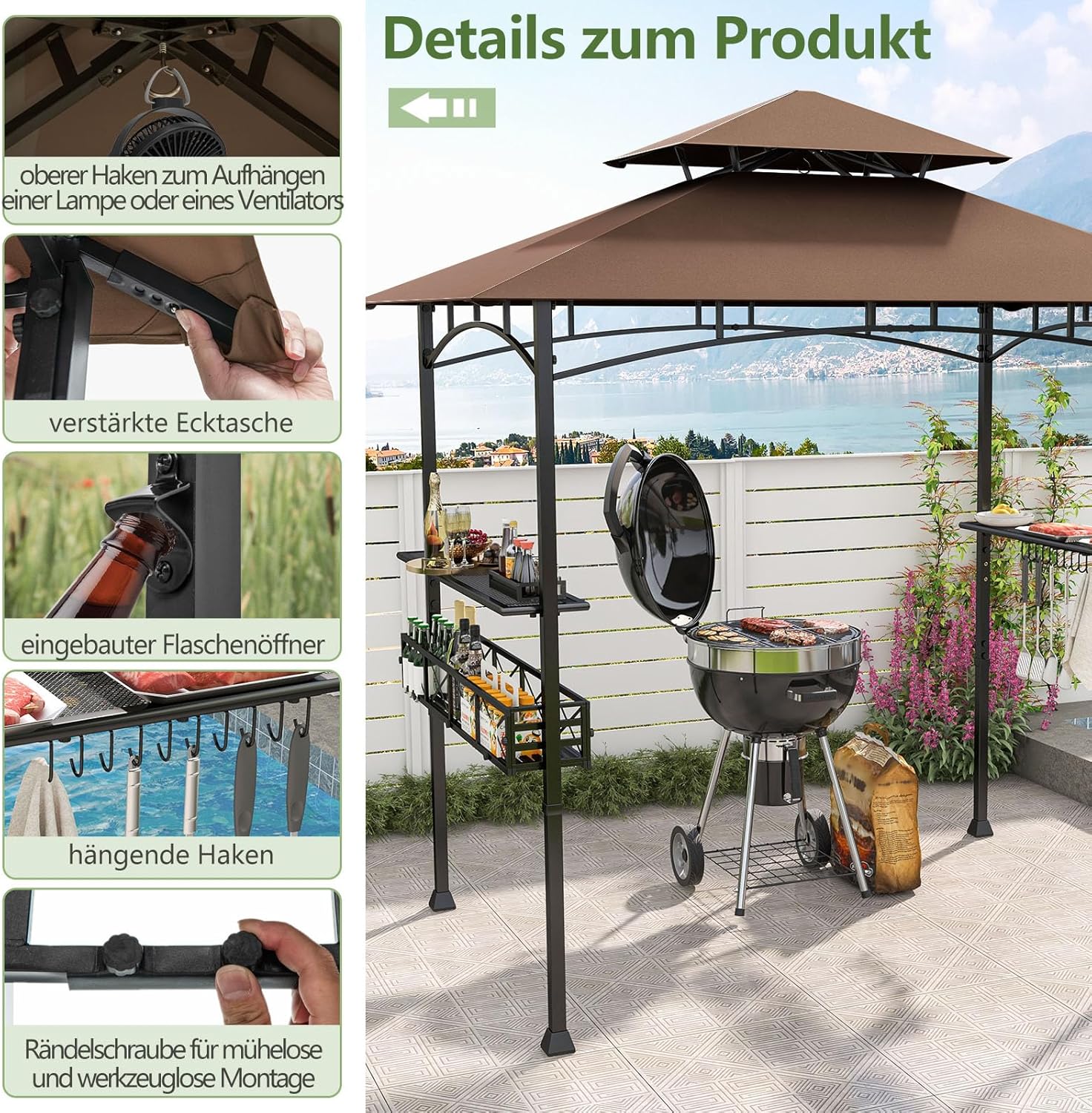 COSTWAY Grillpavillon mit Doppeldach, Seitenregalen, Metallkorb, Haken und Flaschenöffner, Grillüberdachungen wetterfest, Grillunterstand für Garten, Außenbereich, 242 x 153 x 250 cm (Braun)