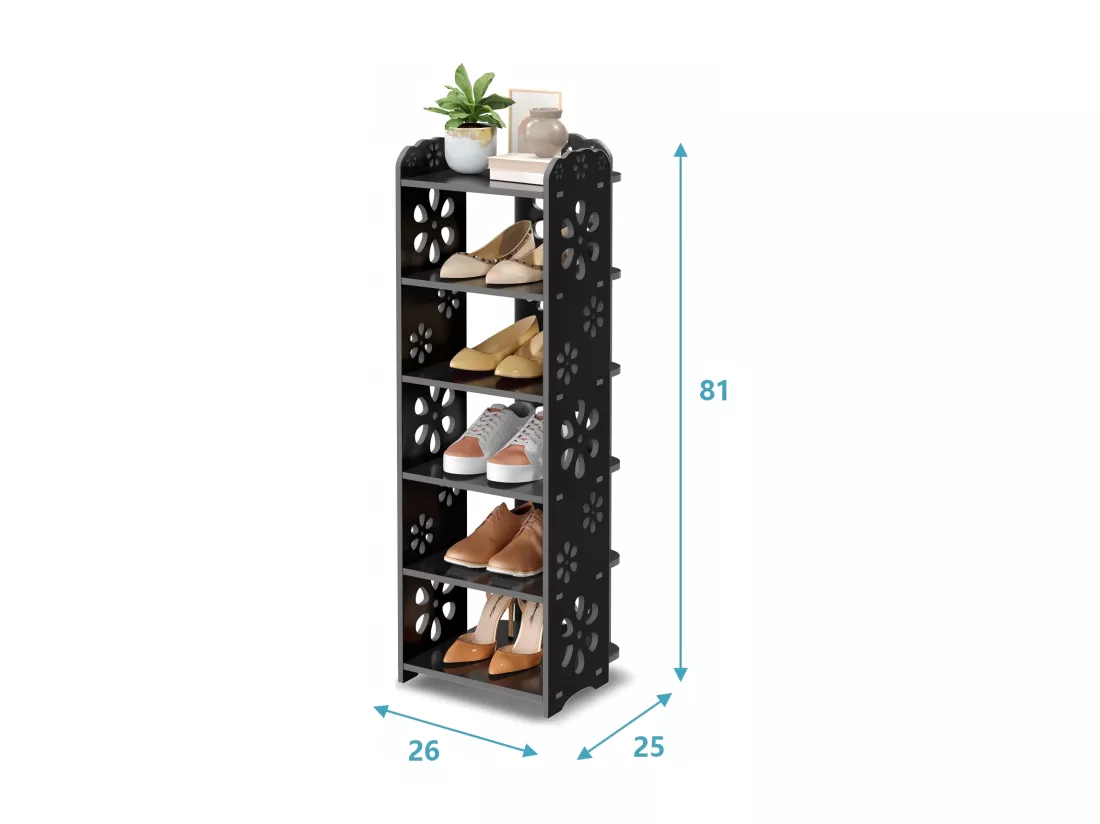 Meuble à Chaussures 6 Niveaux en Bois Plastique,Étagère de Rangement à Chaussures,Motif découpé,Déco 26x25x81CM,Noir