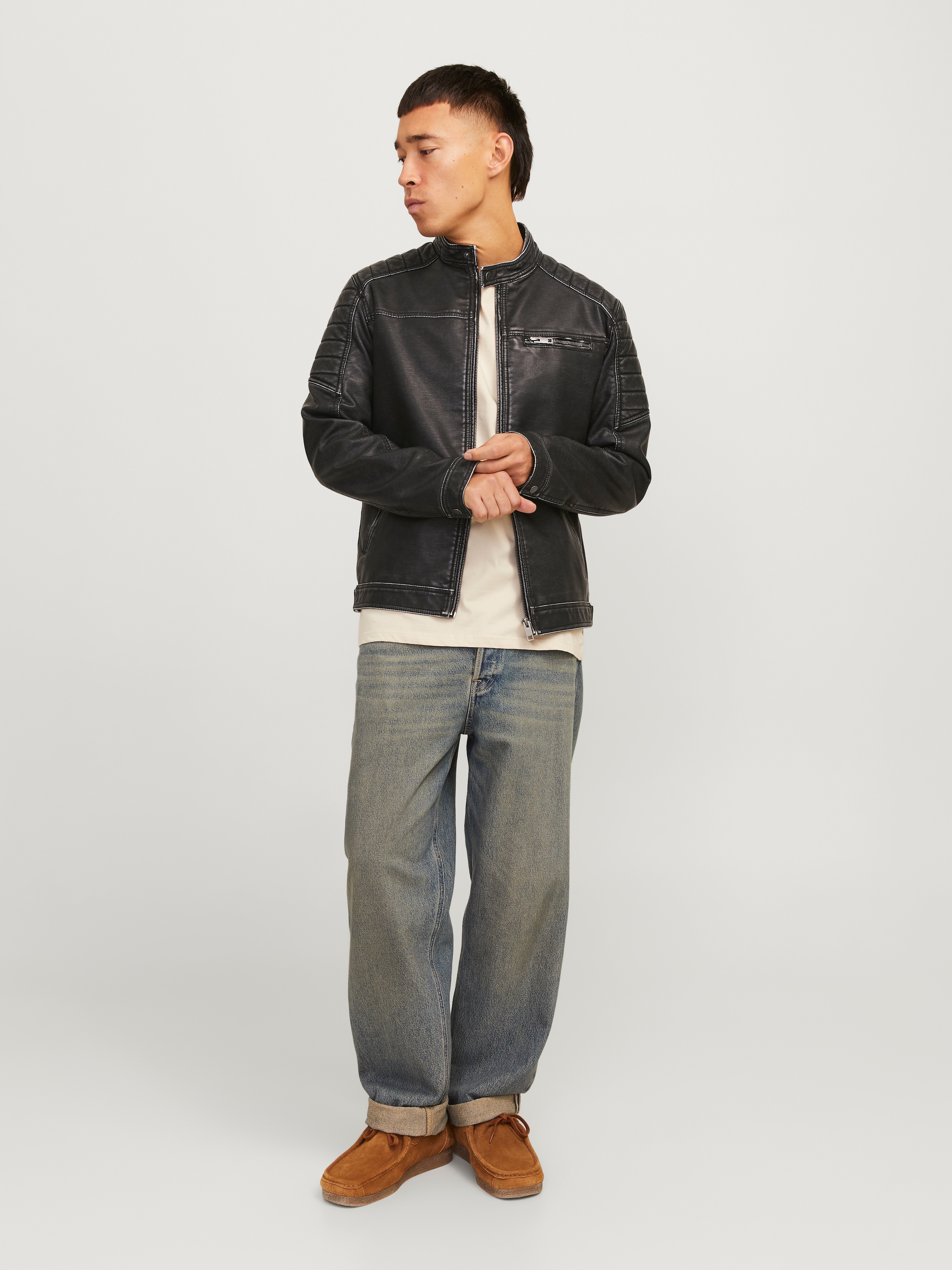 Jack & Jones Lederimitatjacke »JJEROCKY WASHED PU JACKET NOOS« ohne Kapuze mit Bandkragen