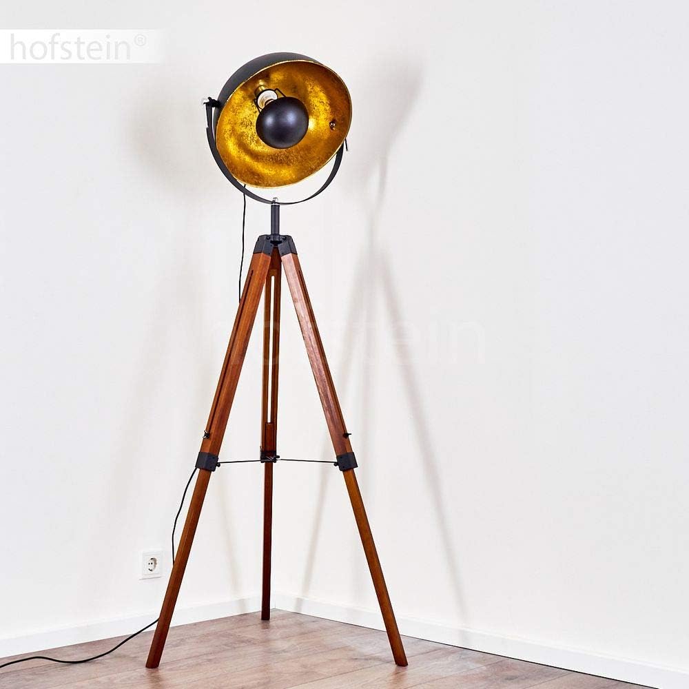 Stehlampe Jupiter, Stehleuchte aus Holz/Metall in Goldfarben/Braun/Schwarz, 1 x E27,Fußschalter am Kabel, verstellbare Stehleuchte mit anpassbaren Stellschrauben, ohne Leuchtmittel