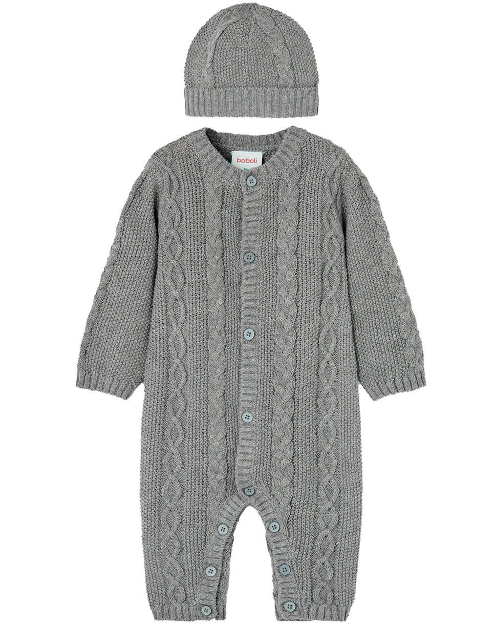 Strick-Strampler PATTERN mit Mütze in grau