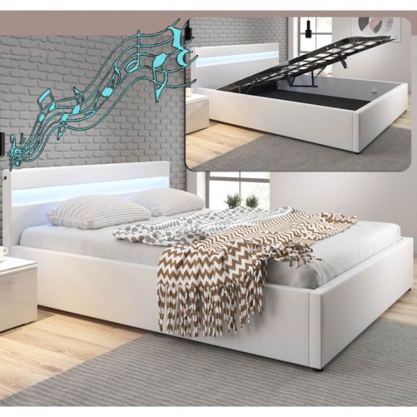 Móveis Bonitos Cama de Casal com Estrado Elevatório e com Música (subwoofer) Bahia Branca (180x200cm) - CAAW007-WH180X200CM