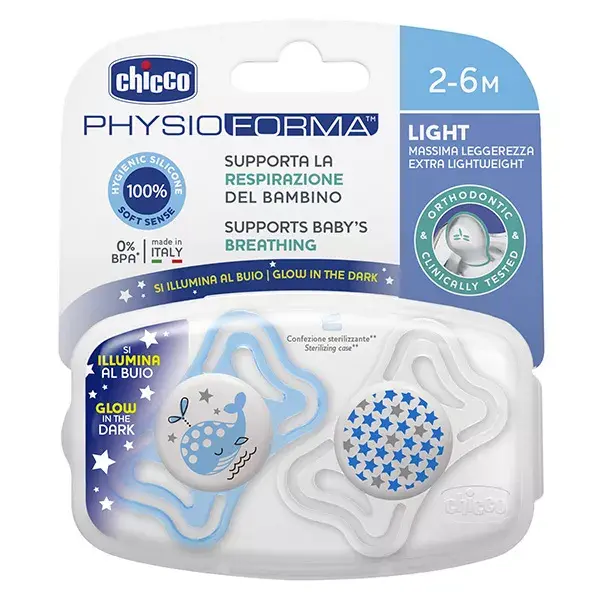 Chupeta Chicco Physio Forma Light de Silicone Fosforescente +2m Baleia Estrela Pacote com 2 + Caixa Esterilizadora